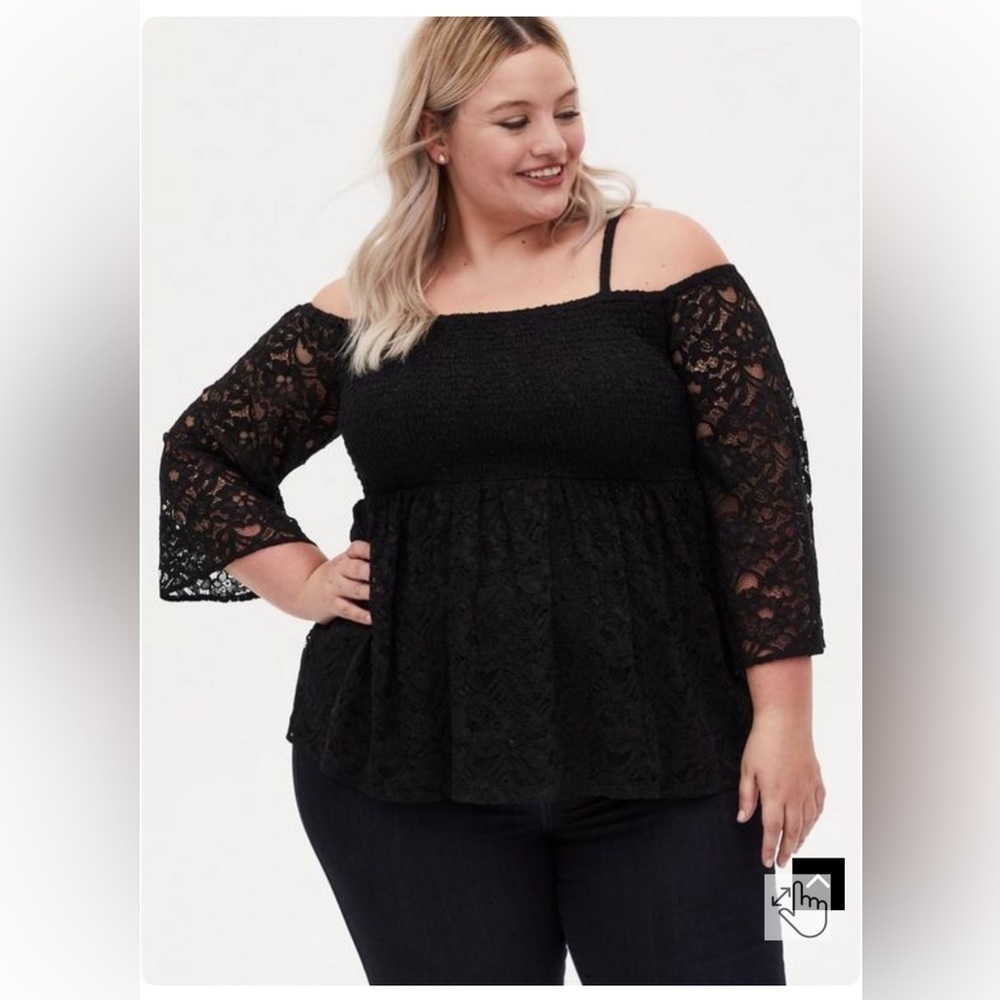 NWT Torrid Babydoll Lace Smocked Cold Shoulder Top Size 0 - Picture 2 of 11